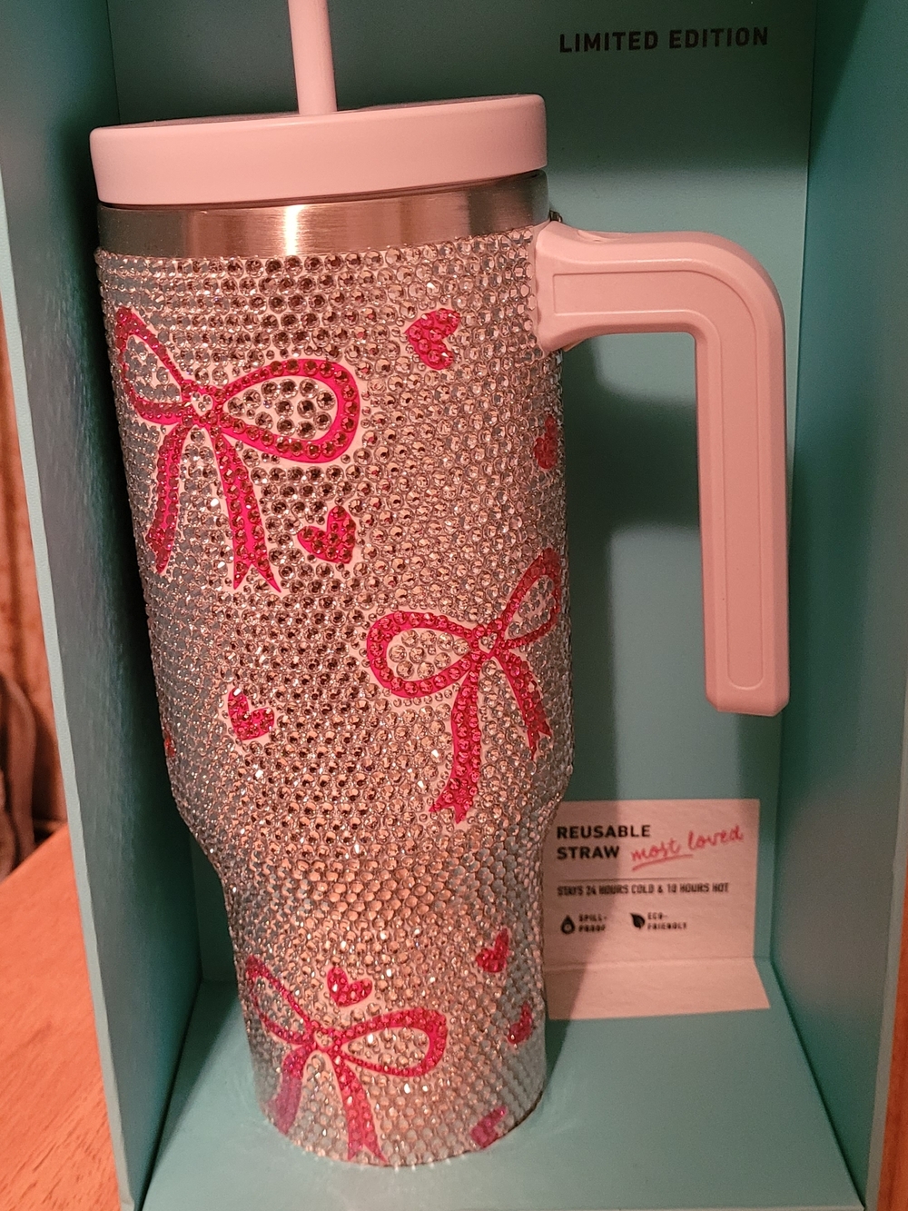 Limited Edition Pink Rhinestone Bow Travel Tumbler with Straw